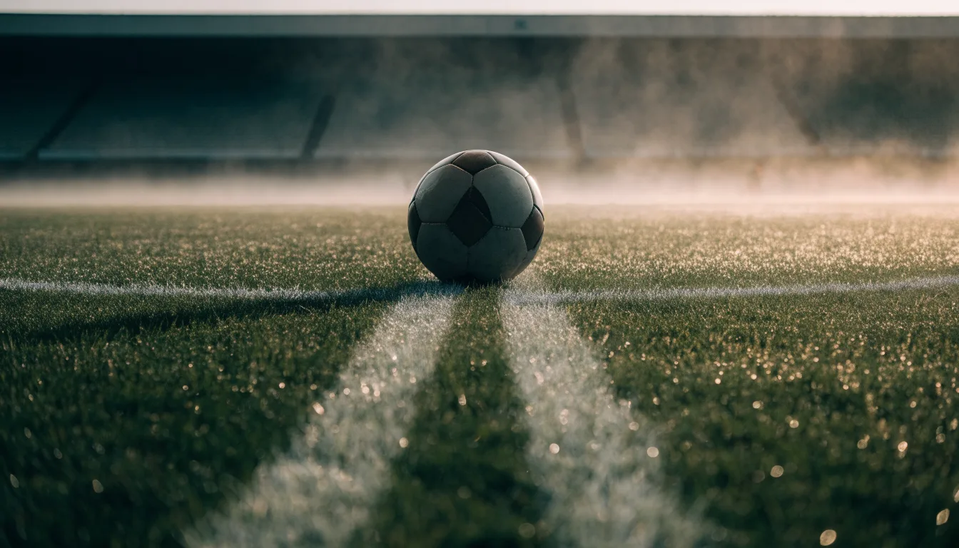 Ein einzelner Fussball liegt auf dem Anstosspunkt eines leeren Rasenplatzes am frühen Morgen, Tau glitzert auf dem Gras, die Tribüne liegt im Dunst.