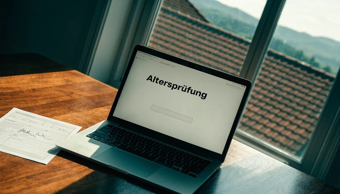Eine Waage aus Messing steht auf einem polierten Schreibtisch vor einem Fenster mit Blick auf Dächer und sanfte Hügel.