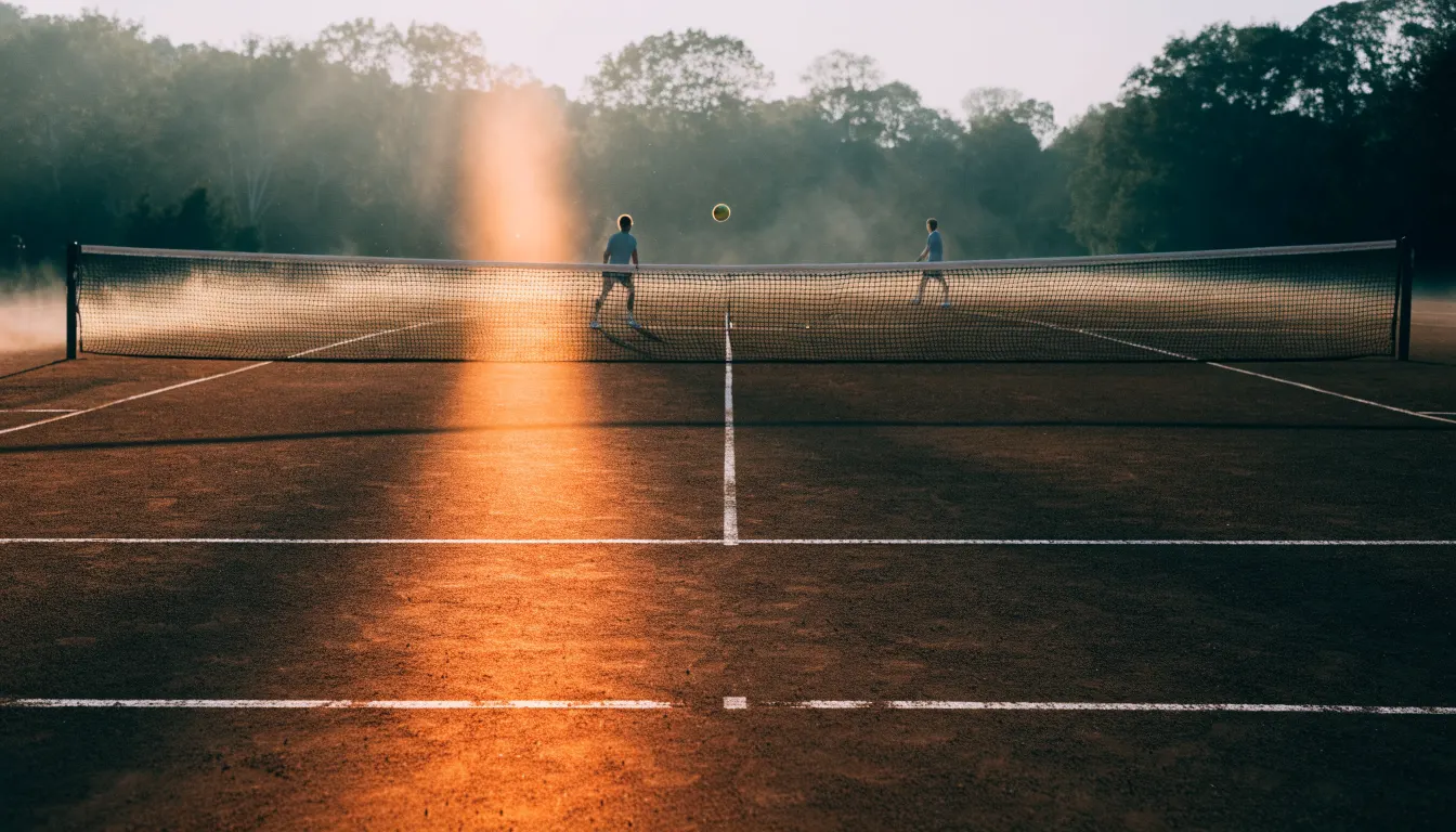 Ein Tennisplatz bei Sonnenaufgang, die Linien frisch gezogen, das Netz in der Mitte und Nebel über dem Boden.