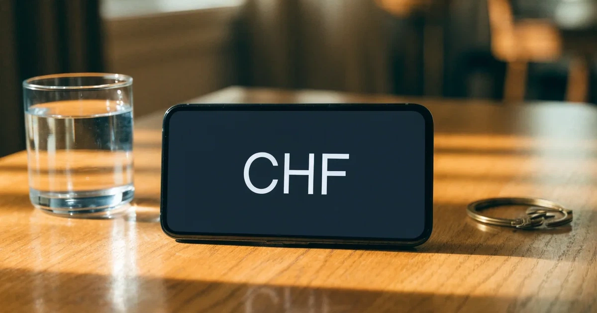 Ein Smartphone mit schwarzem Display liegt auf einem Holztisch neben einem Glas Wasser und einem Schlüsselbund.