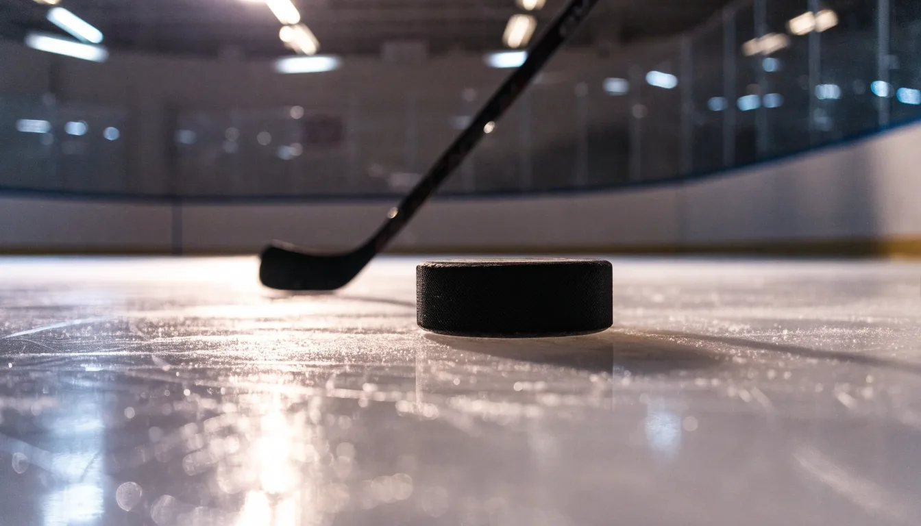 Ein Eishockeypuck liegt auf dem Eis, im Hintergrund unscharf die Bande unter hellem Hallenlicht.