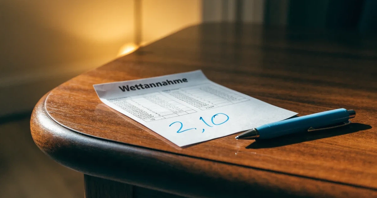 Ein leerer Wettschein aus Papier liegt neben einem Kugelschreiber auf einem Holztisch, weiches Licht fällt von der Seite.
