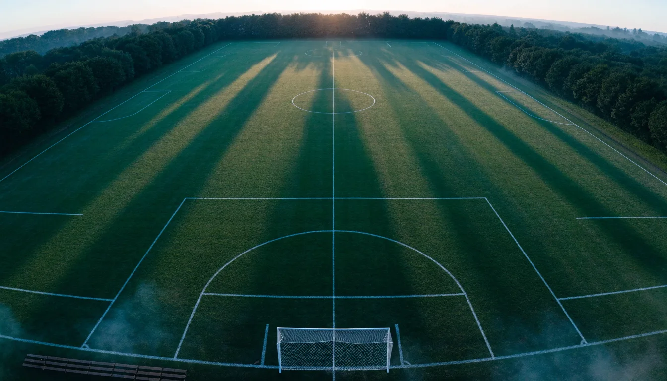 Ein Fussballplatz von oben gesehen, die Linien bilden ein helles Muster auf dem Rasen, Drohnenperspektive in der Morgendämmerung.