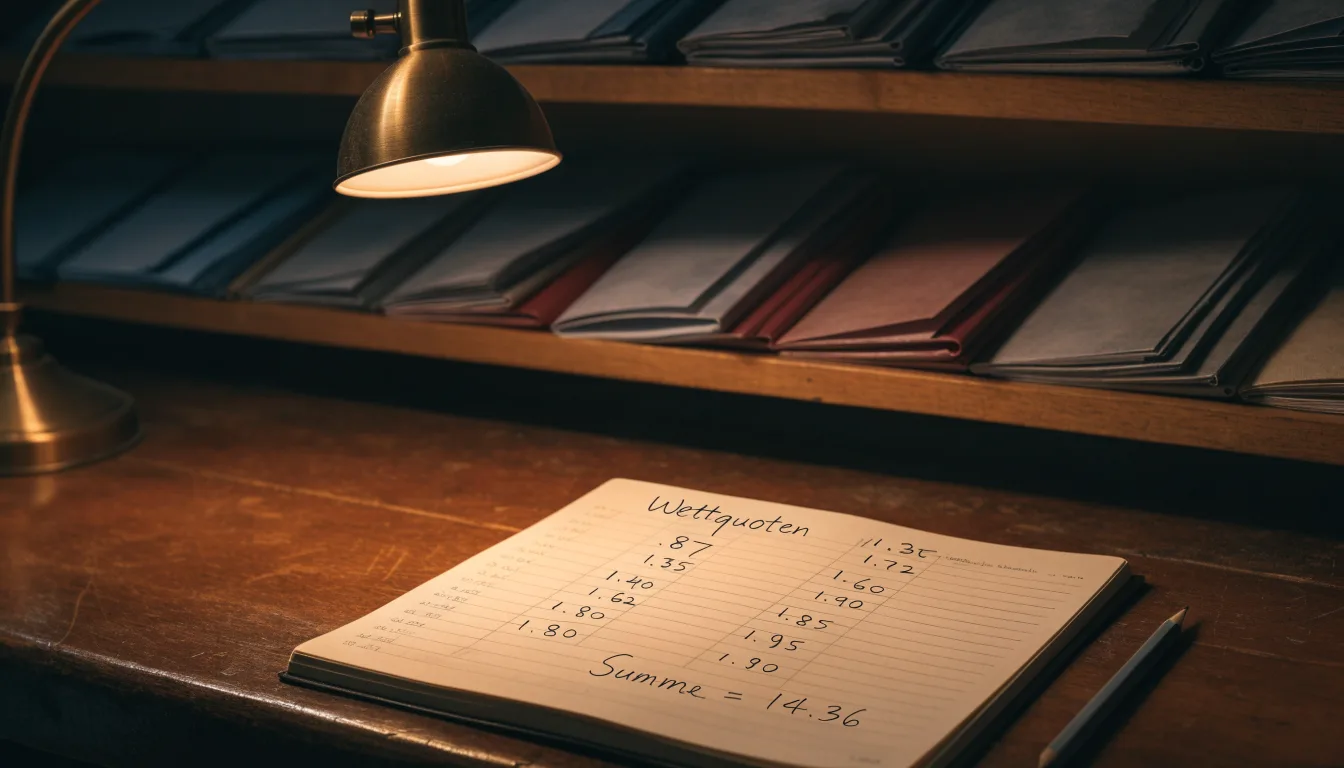 Ein alter Holztresen mit einem Notizbuch und einem Taschenrechner in warmem Lampenlicht, Regale im Hintergrund.