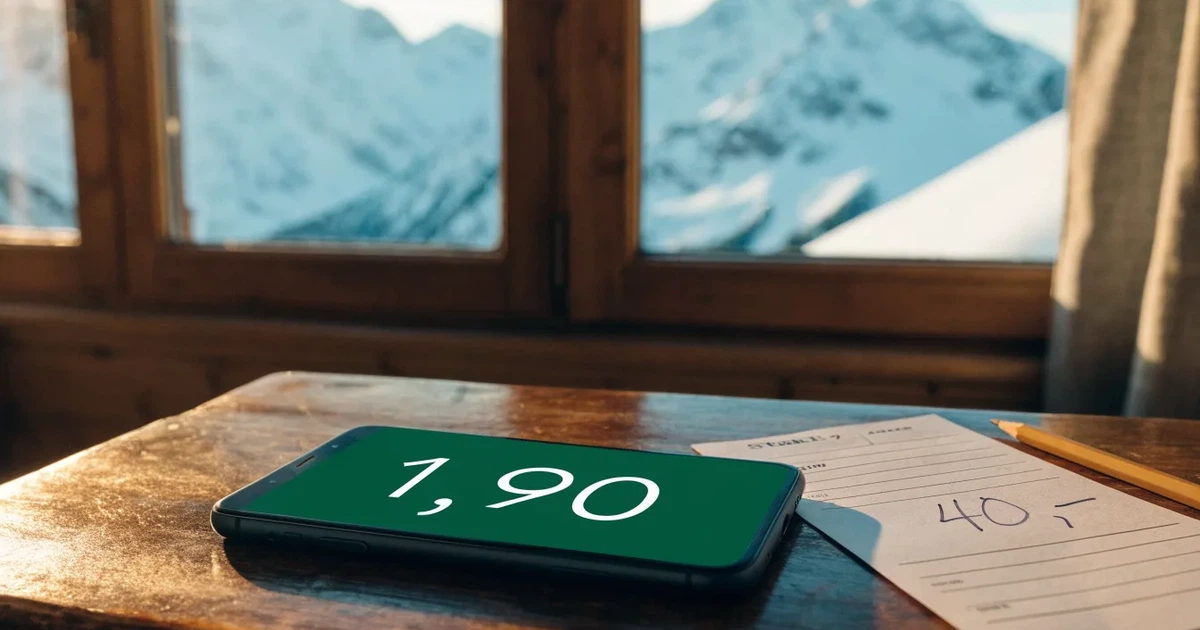 Mehrere Skier und Stöcke lehnen ordentlich in einer Reihe an der Holzwand einer Berghütte, vor dem Fenster liegt Schnee.