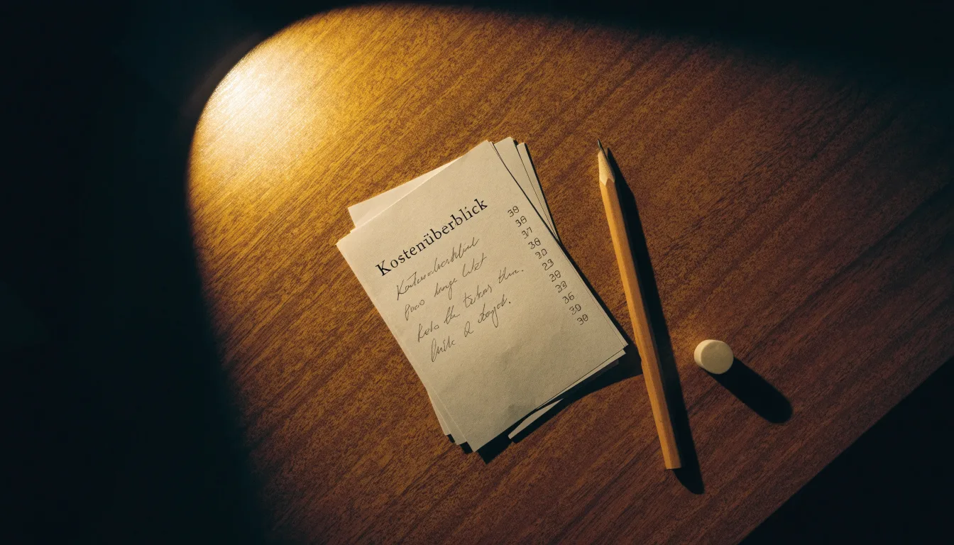 Ein Bleistift und ein Radiergummi liegen auf einem kleinen Stapel Notizzettel, gelbes Licht einer Schreibtischlampe.