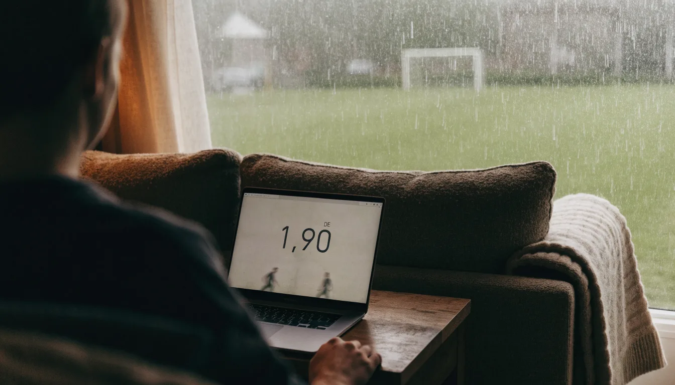 Ein Sofa mit Wolldecke steht vor einem grossen Fenster, draussen Regen und in der Ferne ein Fussballplatz.