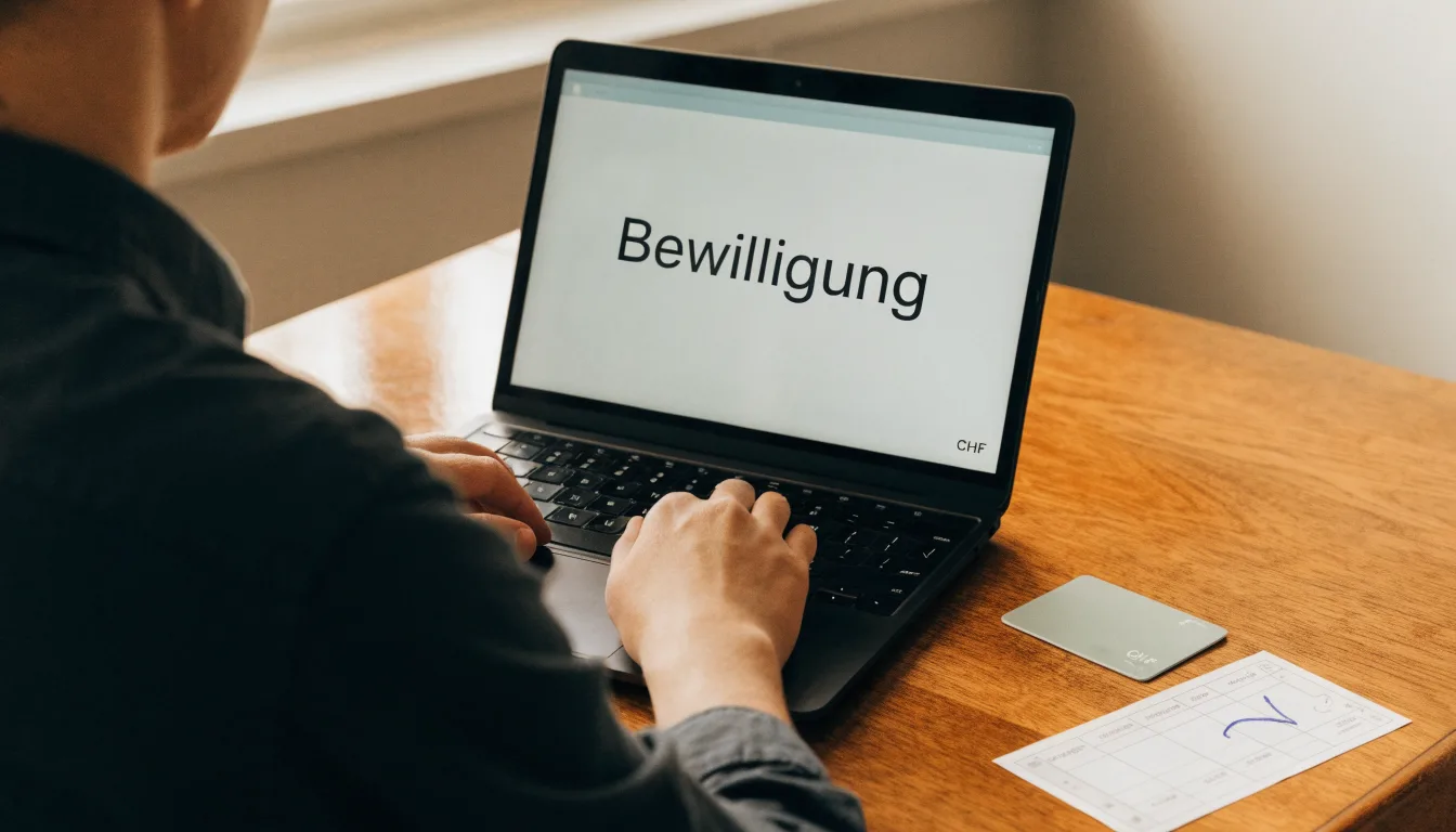 Ein Feldweg führt zwischen Wiesen zu einem Hügel, der Himmel ist bewölkt, am Wegrand stehen Obstbäume.