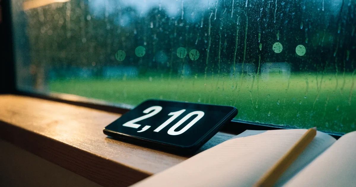 Ein Wetterbarometer hängt an einer Holzwand neben einem Fenster, draussen liegt ein nasser Fussballplatz im Regen.
