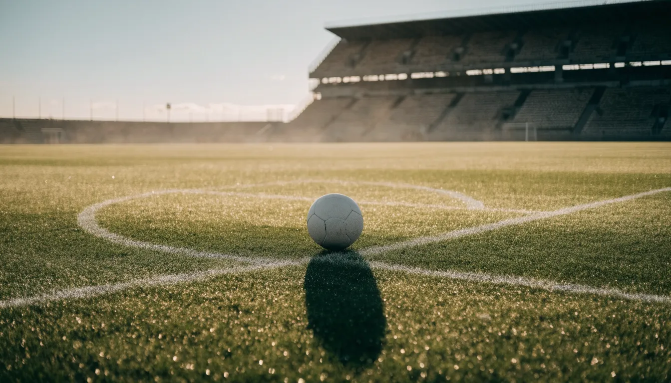 Ein Fussball liegt auf dem Anstosspunkt eines leeren Rasenplatzes im frühen Morgenlicht, dahinter erhebt sich eine menschenleere Tribüne.
