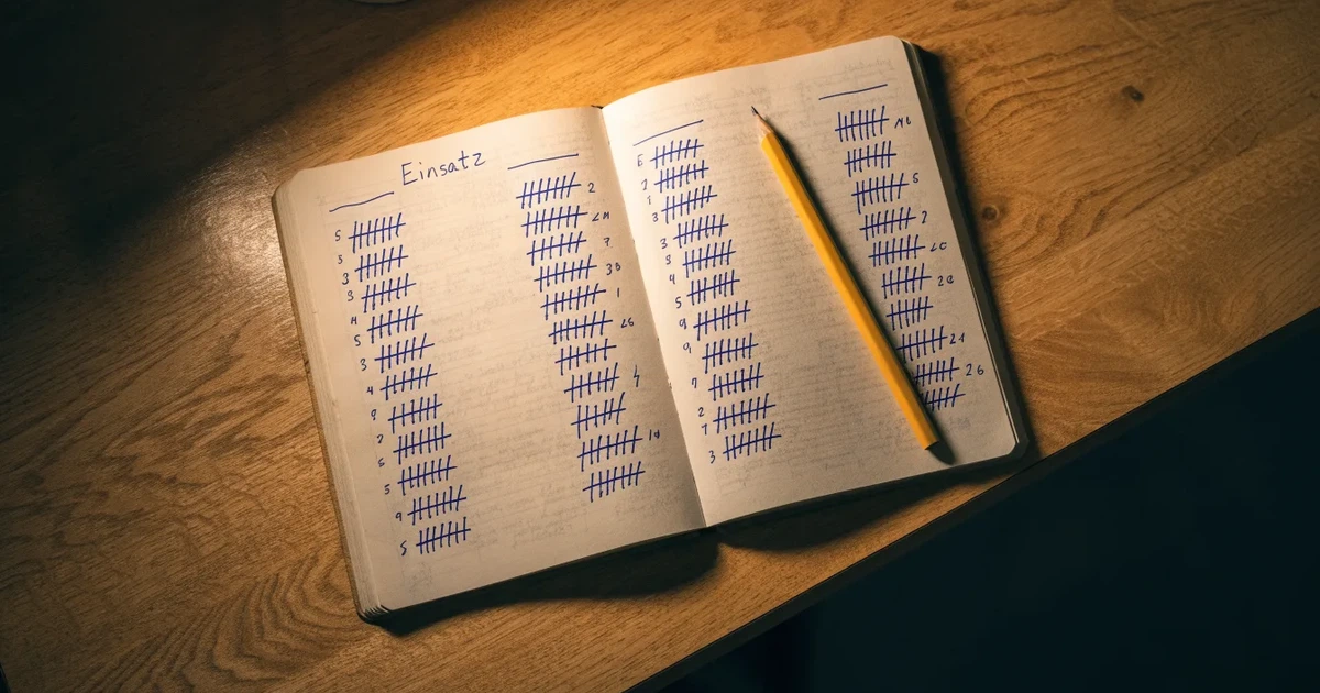 Ein aufgeschlagenes Notizbuch mit handschriftlichen Strichlisten und Spalten liegt neben einem Bleistift auf einem Holztisch im warmen Licht einer Schreibtischlampe.