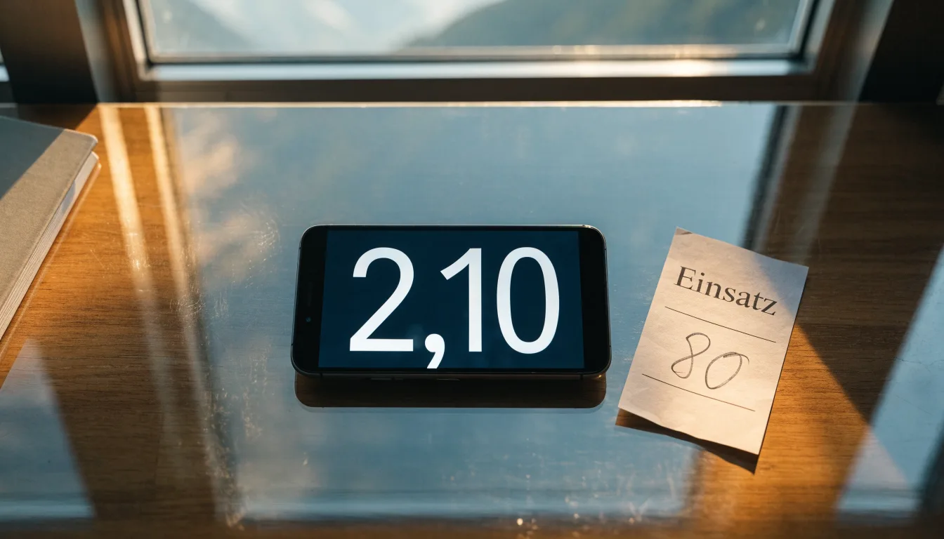 Eine Waage aus Messing steht auf einem polierten Schreibtisch in einem hellen Büro, durch das Fenster sind ferne Berge zu sehen.