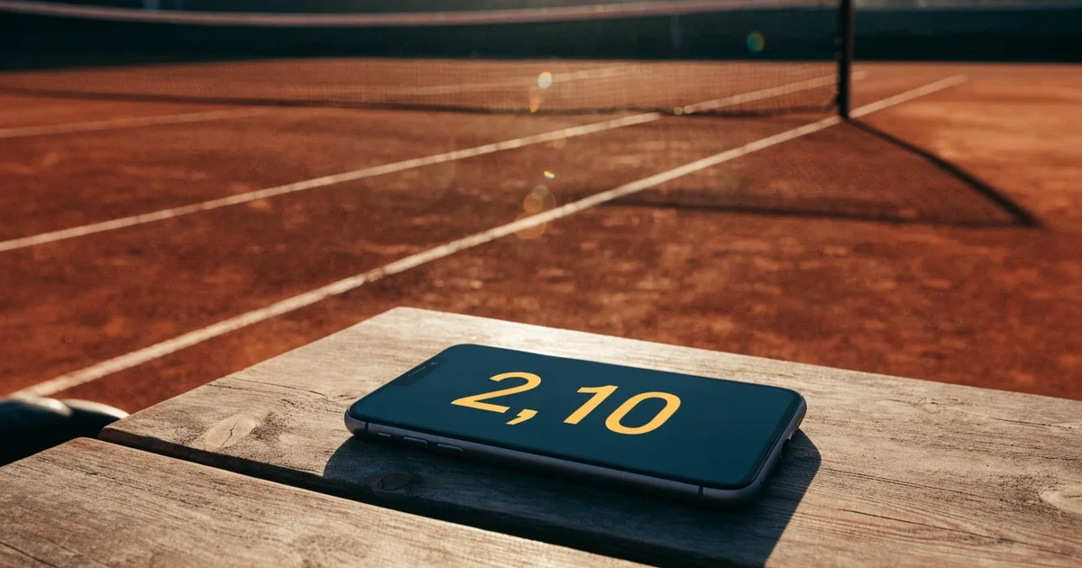 Ein Sandplatz für Tennis liegt bei Sonnenaufgang still da, das Netz wirft einen langen Schatten über die weissen Linien.