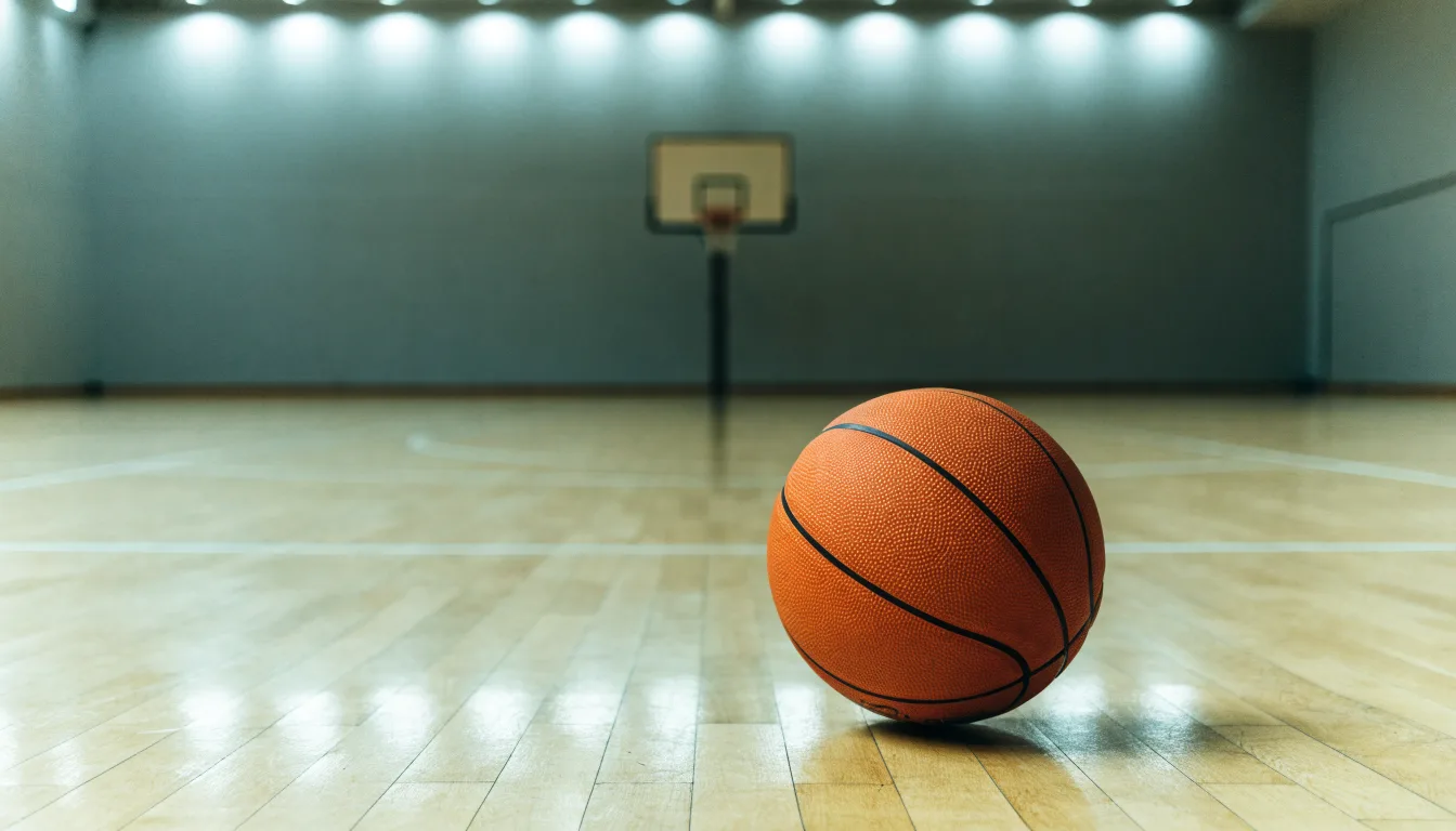 Ein Basketball liegt auf dem Parkett einer leeren Halle, von den Deckenlampen fällt gleichmässiges Licht auf den Boden.