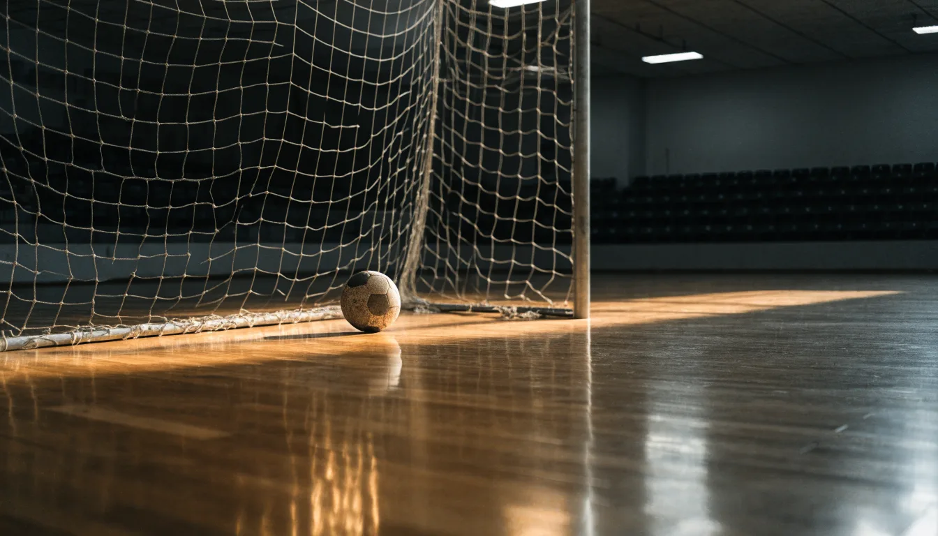 Ein Handballtor in einer leeren Sporthalle, der Ball liegt im Torraum und das Hallenlicht spiegelt sich im Parkett.