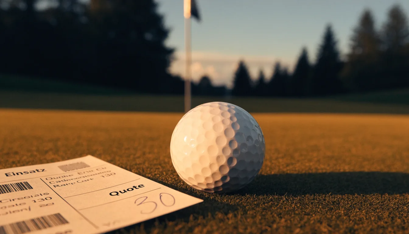 Ein Golfball liegt auf einem gepflegten Grün nahe am Loch, im goldenen Licht der Abendsonne.