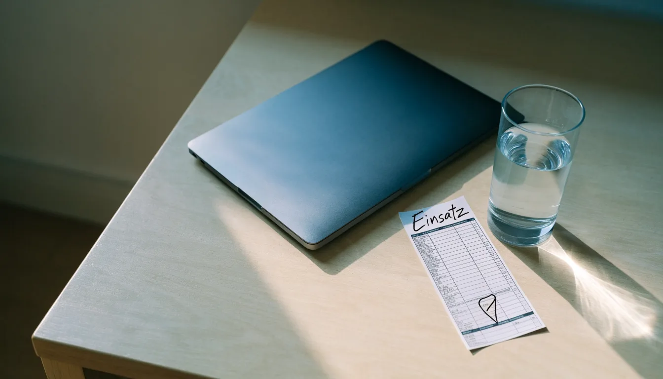 Ein geschlossener Laptop steht neben einem Glas Wasser auf einem Küchentisch im Licht des frühen Morgens.
