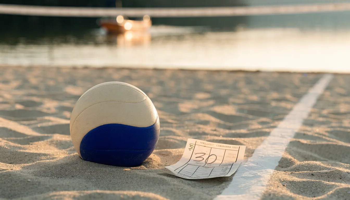 Ein Volleyball liegt im Sand eines Spielfelds am Seeufer, im Hintergrund gleitet ein Boot über das Wasser.
