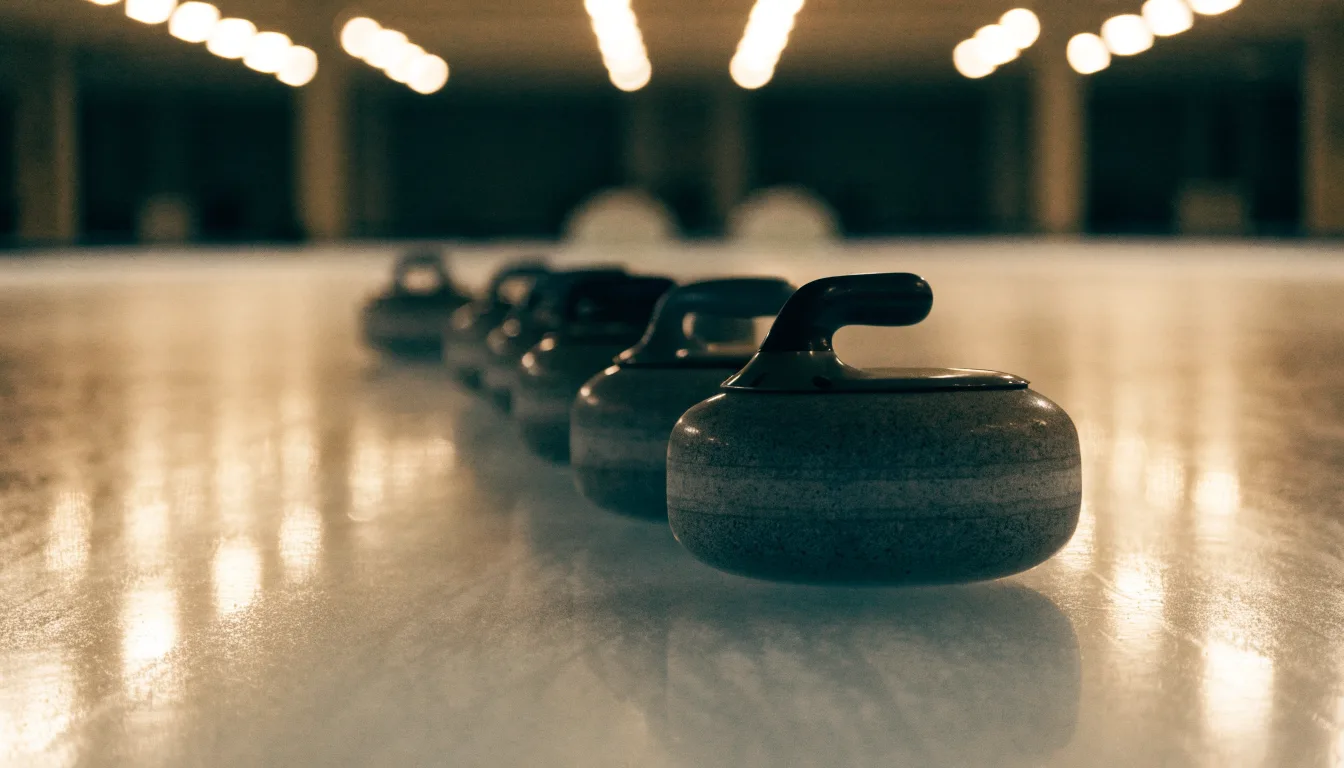 Mehrere Curlingsteine liegen auf einer glatten Eisfläche in einer leeren Halle, Deckenlicht spiegelt sich im Eis.