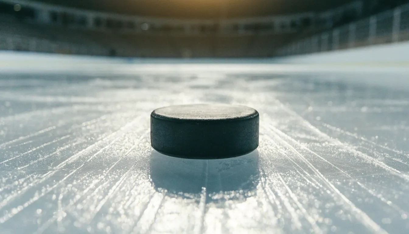 Ein Eishockeypuck liegt in Grossaufnahme auf der Eisfläche, feine Kratzer im Eis glänzen im hellen Hallenlicht.
