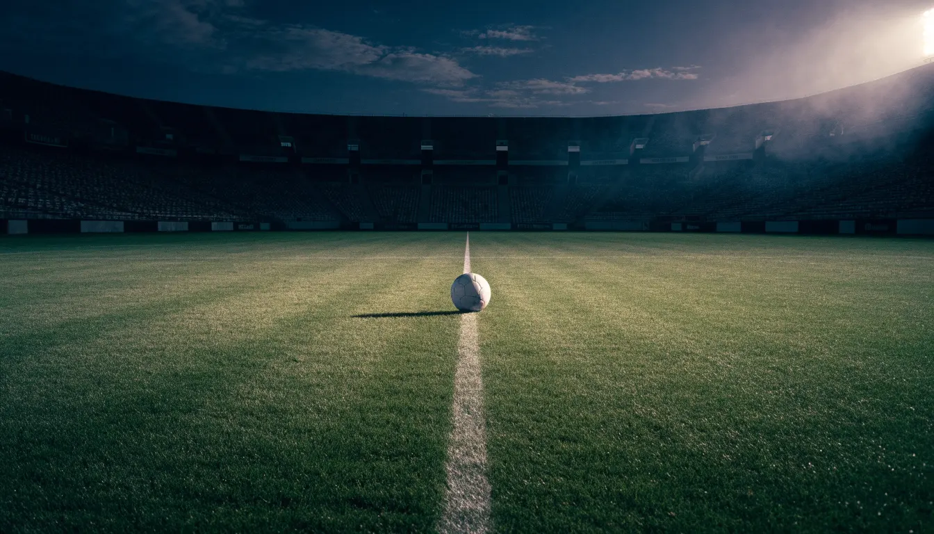 Ein Fussball liegt auf dem Mittelkreis eines leeren Rasenplatzes, dahinter ragen leere Tribünenreihen in den Abendhimmel.