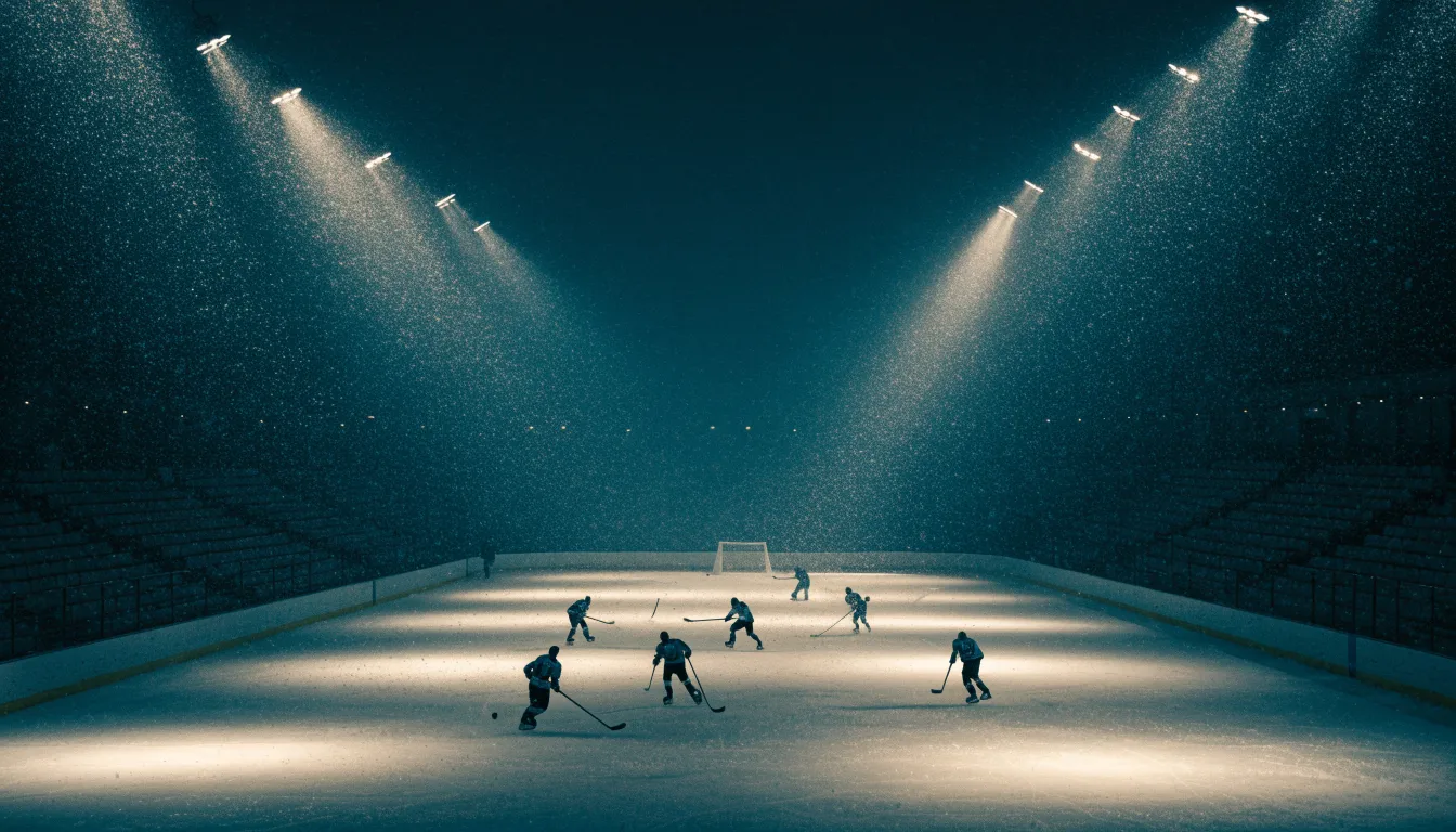 Eine Eishockeybahn liegt unter Flutlicht aus der Ferne betrachtet, leichter Schneefall treibt durch den Lichtkegel über dem Eis.