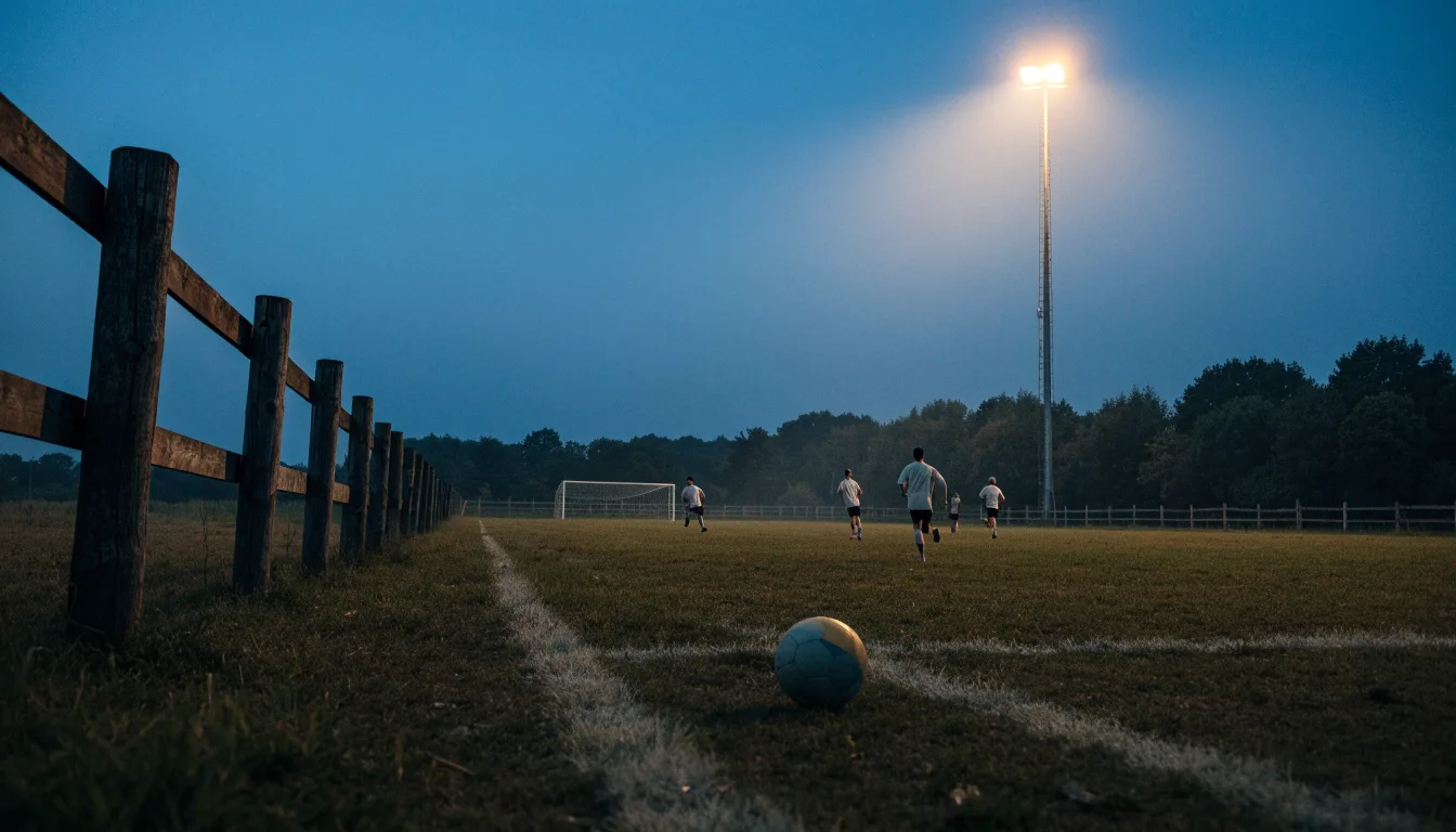 Ein kleiner Dorf-Fussballplatz liegt in der Dämmerung unter einem hohen Flutlichtmast, am Spielfeldrand steht ein Holzzaun.