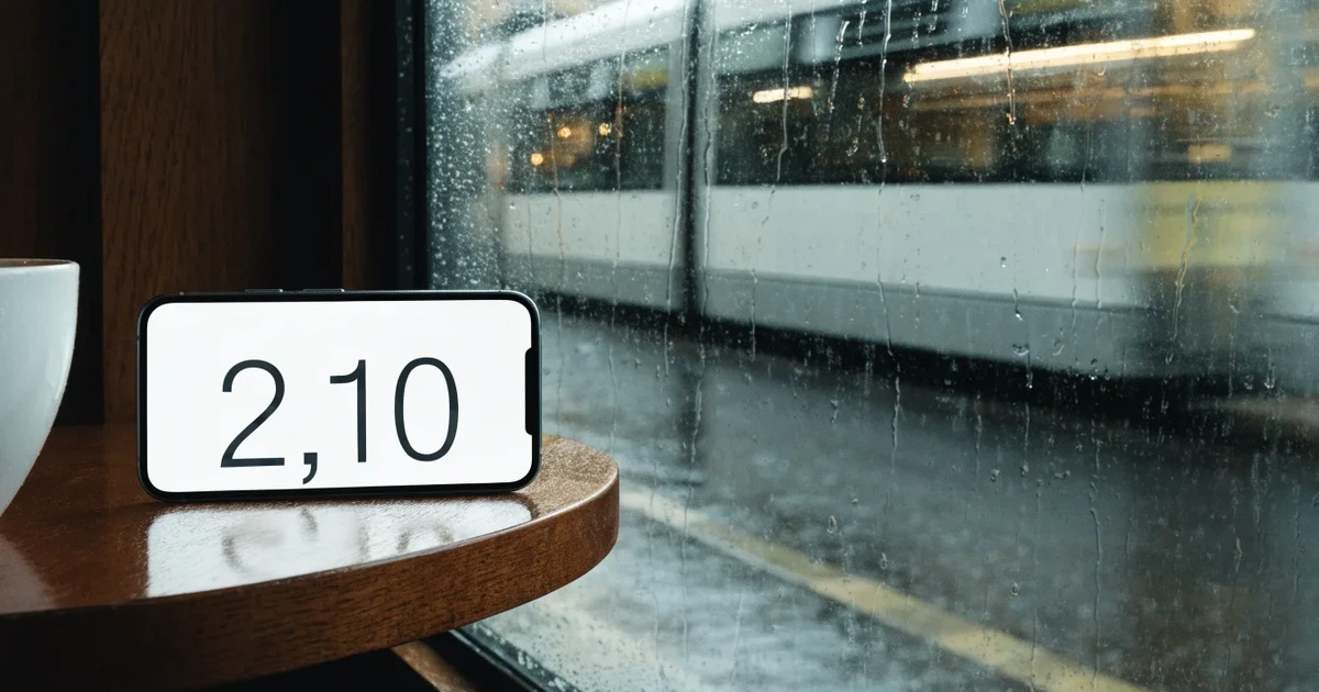 Ein Café-Tisch am Fenster trägt ein Smartphone mit dunklem Display, an der Scheibe laufen Regentropfen herunter und draussen steht eine Tram.
