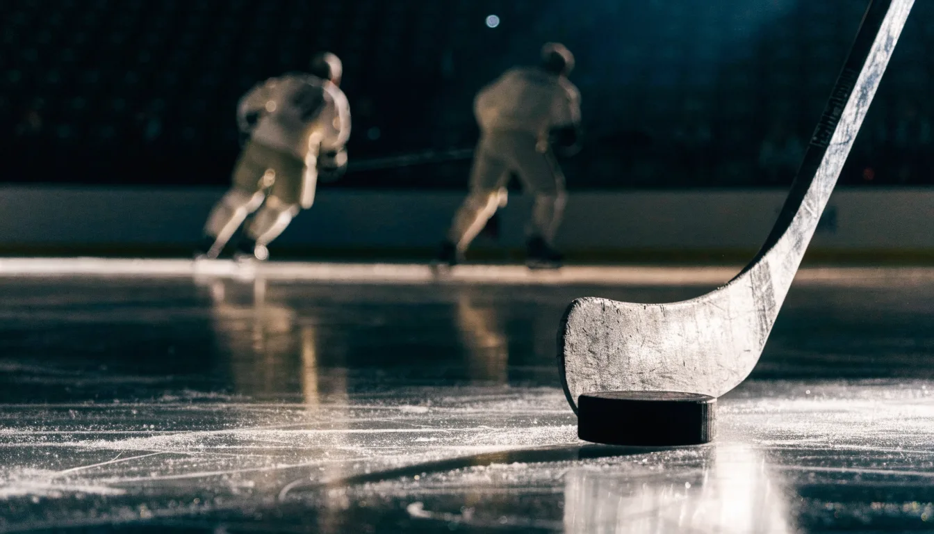 Ein Eishockeypuck liegt auf der Eisfläche neben dem Blatt eines Schlägers, die Bande dahinter ist im Dunkeln nur schwach zu erkennen.