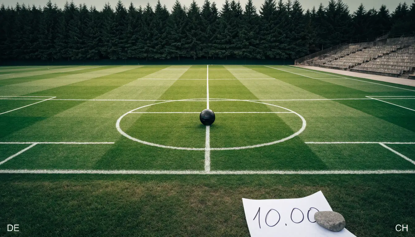 Ein Rasenplatz mit Spielfeldlinien ist von oben gesehen, ein einzelner Ball liegt in der Mitte, rundherum stehen leere Tribünen und Tannenwald.