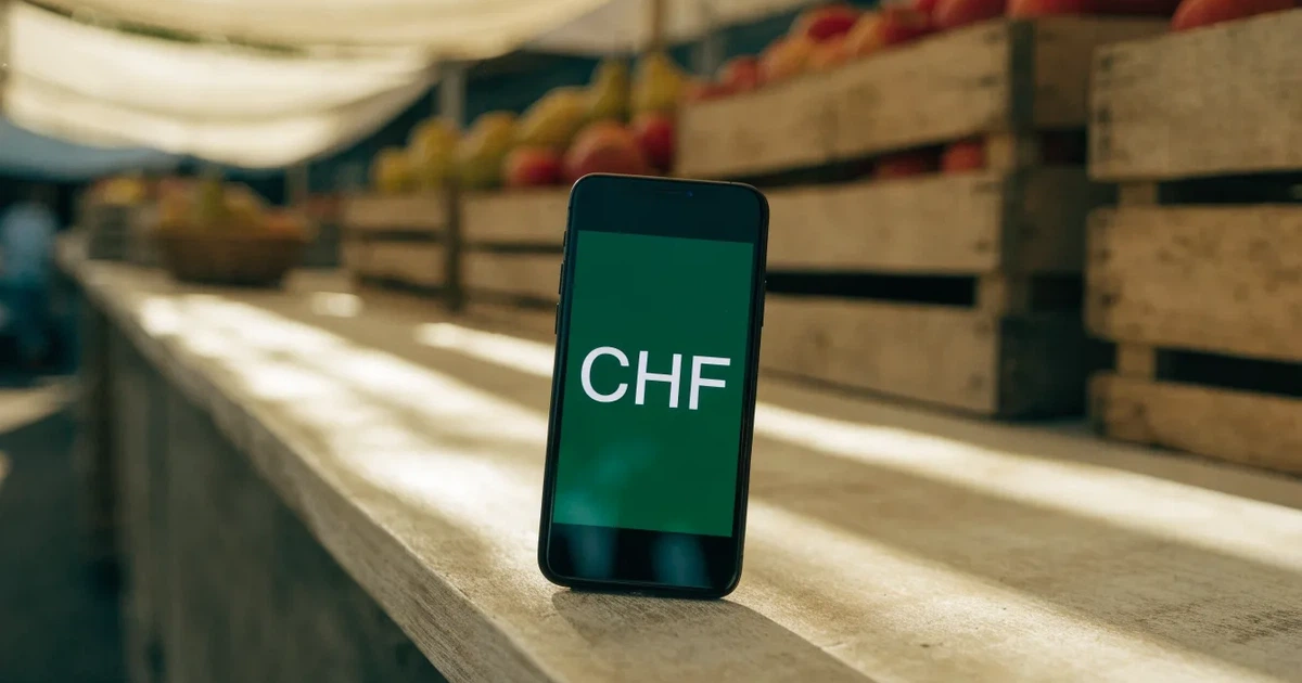 Ein Smartphone mit dunklem Display liegt auf dem Holztisch eines Marktstands zwischen Äpfeln und Birnen, morgendliches Licht fällt durch eine Plane.