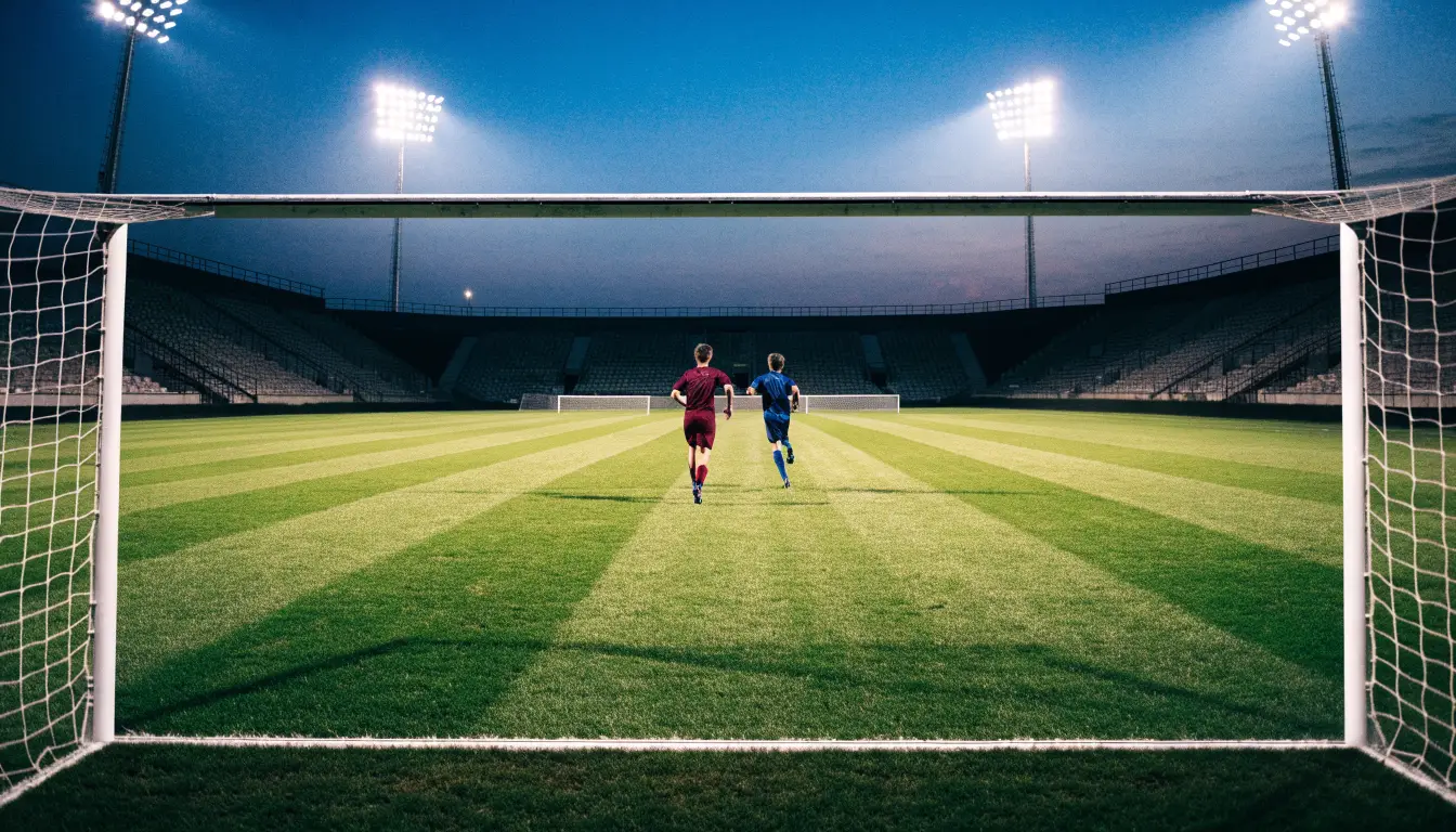 Leere Tribünenränge eines Fussballstadions in der Abenddämmerung, über dem Rasen leuchten die Flutlichter.
