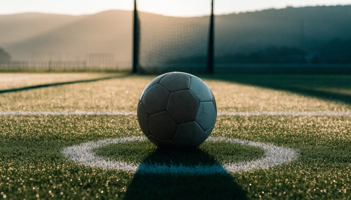 Ein Fussball liegt am frühen Morgen auf dem Anstosspunkt eines taunassen Rasens, im Hintergrund erheben sich Hügel im Dunst.