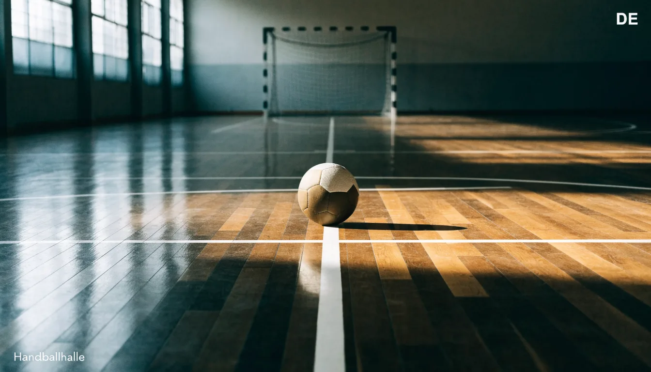 Der Boden einer Sporthalle aus poliertem Parkett mit einem einzelnen Handball in der Mitte, Licht fällt durch hohe Fenster.