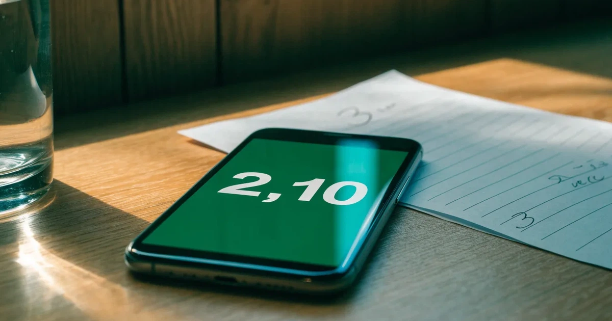 Ein Smartphone liegt mit dem Display nach unten auf einem Holztisch neben einem Wasserglas.
