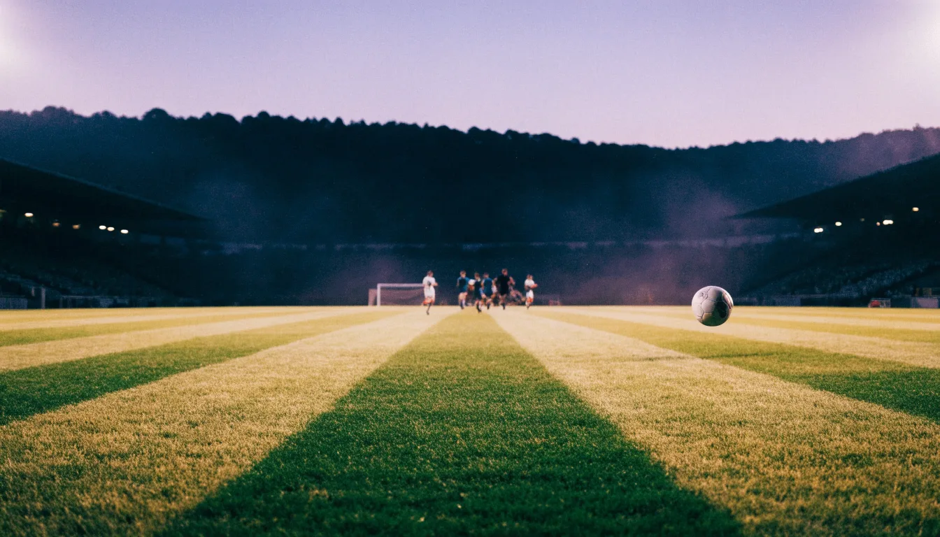 Die Silhouette eines Stadiondachs vor dem violetten Abendhimmel, dahinter eine Hügelkette.