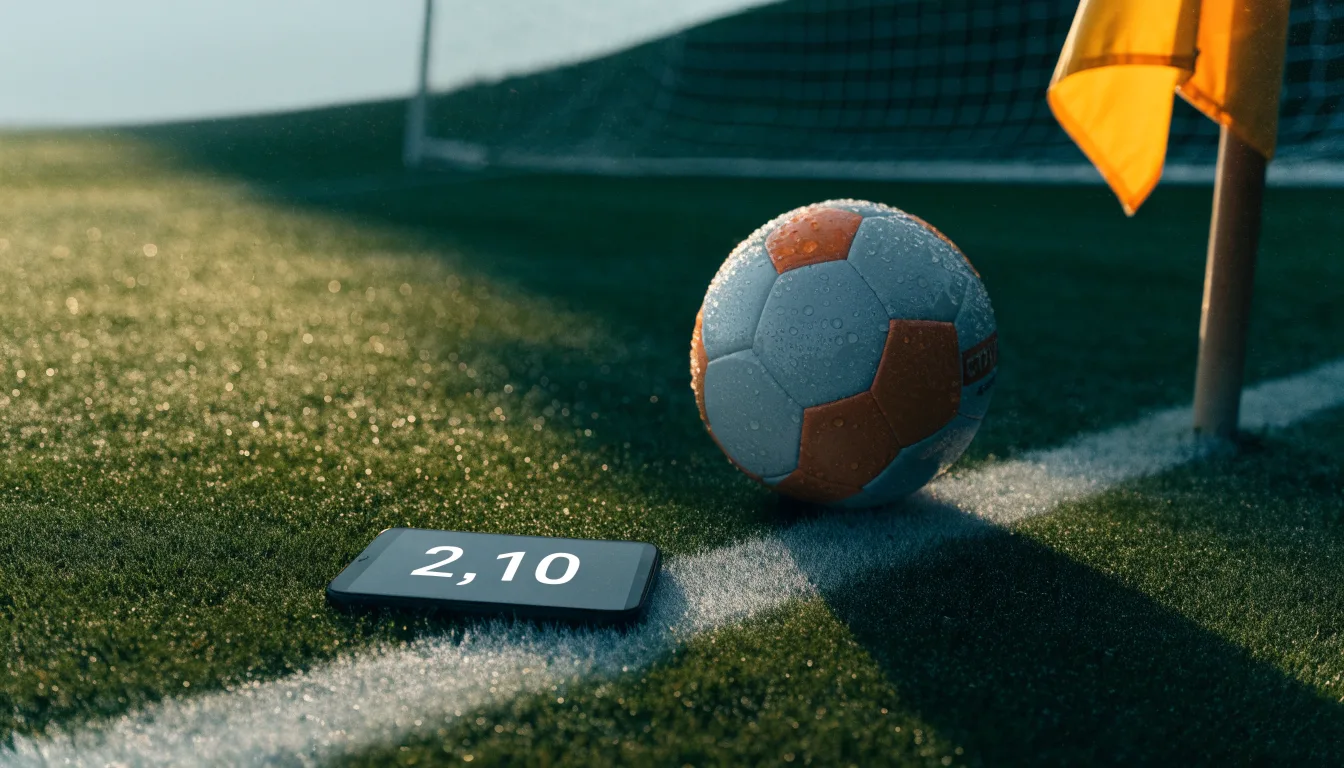 Ein Fussball ruht an der Seitenlinie im taufeuchten Gras, die ersten Sonnenstrahlen fallen schräg über den Platz.