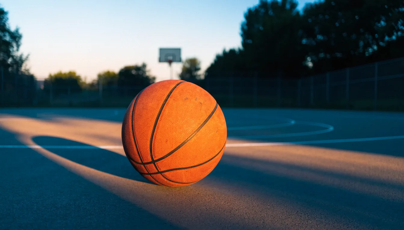 Ein Basketball liegt bei Sonnenuntergang auf einem leeren Aussenplatz, lange Schatten fallen über den Boden.