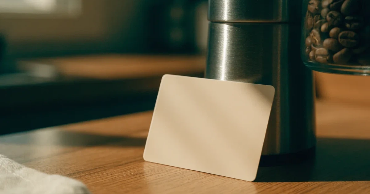 Eine leere cremefarbene Karte lehnt an einer Kaffeemühle auf einer Küchenablage.