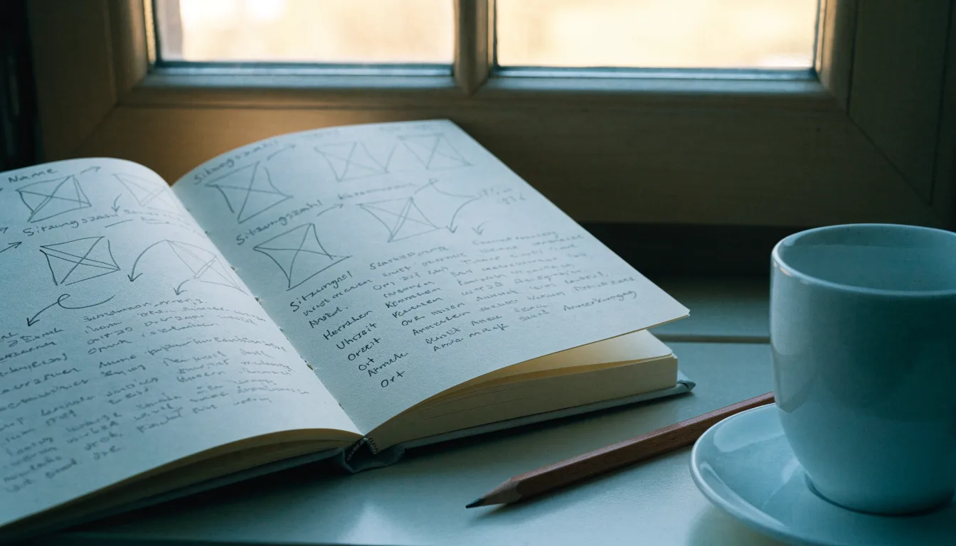 Ein aufgeschlagenes Notizbuch mit handschriftlichen Pfeilen und Kästchen liegt neben einer Kaffeetasse auf einem Schreibtisch am Fenster.