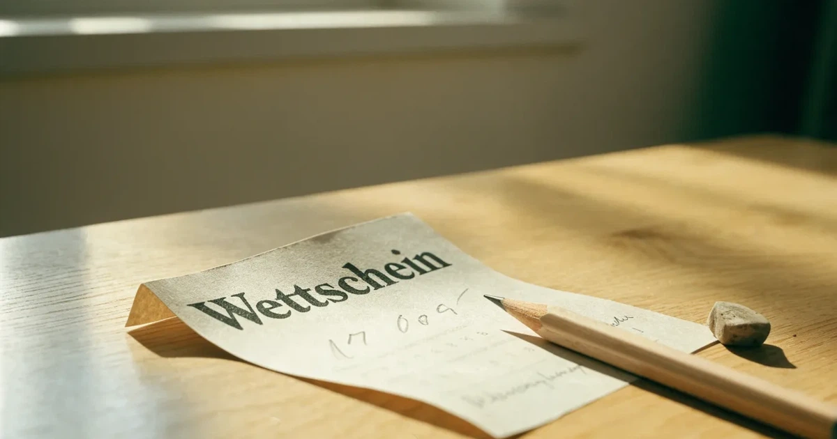 Ein leerer Wettschein aus Papier liegt neben einem Bleistift und einem Radiergummi auf einem hellen Holztisch im Tageslicht.