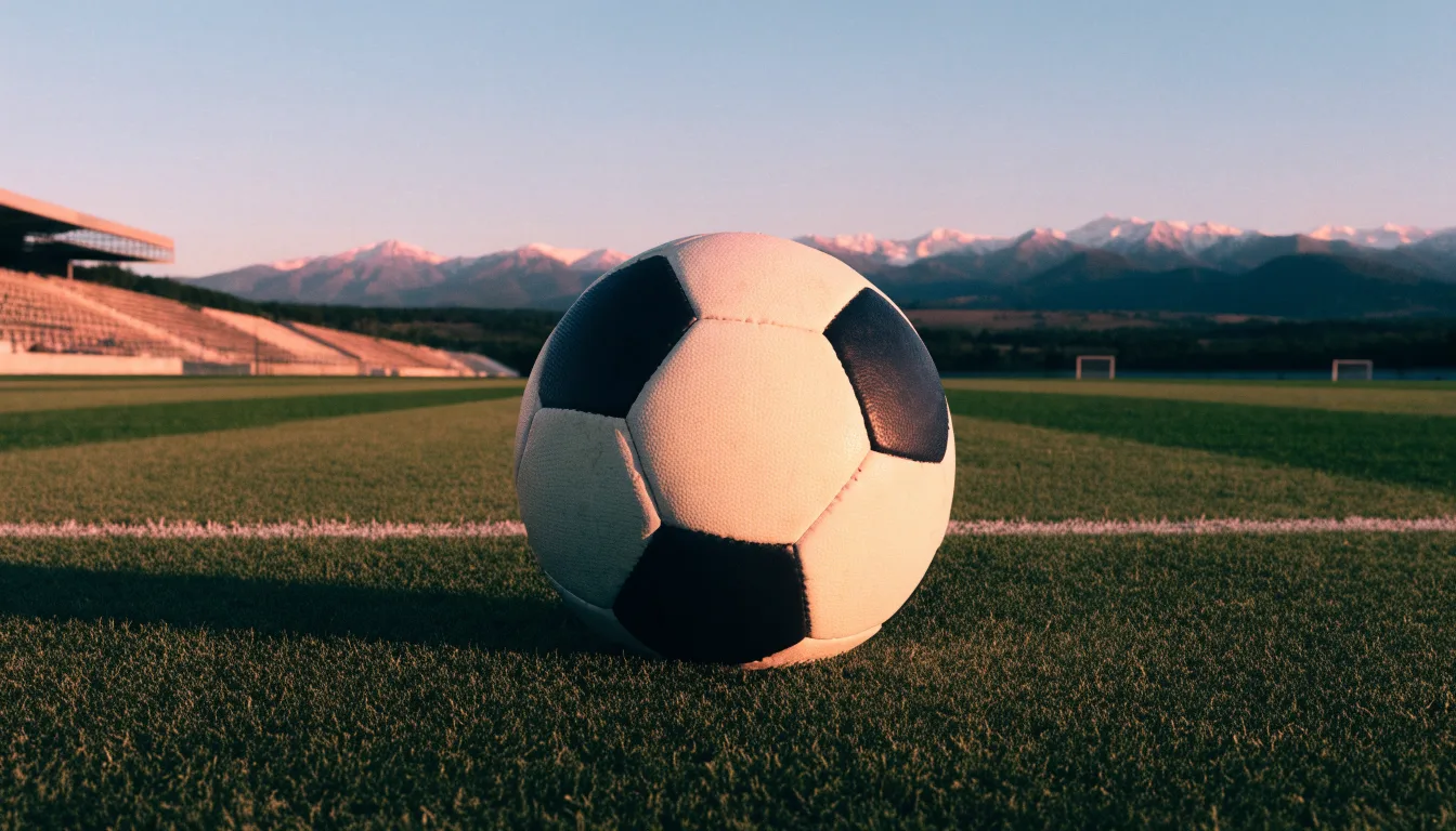Ein Fussball liegt auf dem Rasen eines leeren Stadions am frühen Abend, dahinter erheben sich schneebedeckte Berge unter klarem Himmel.