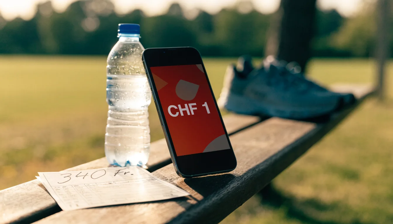 Ein Smartphone mit dunklem Bildschirm lehnt an einer Wasserflasche, daneben stehen Laufschuhe auf einer Bank am Sportplatz.