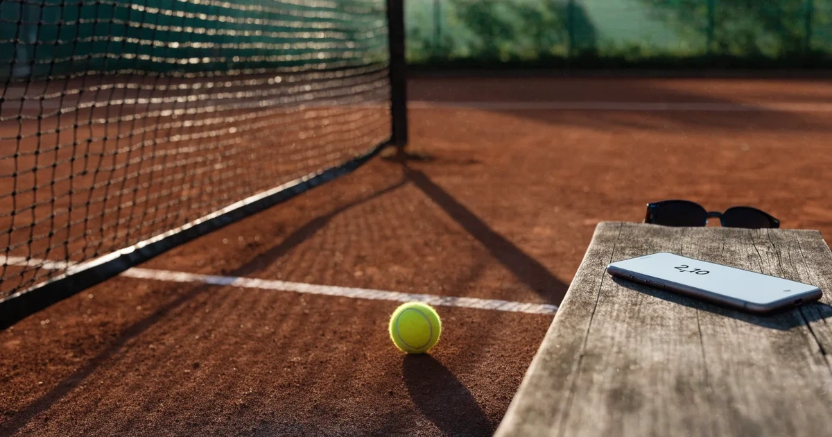 Ein Tennisplatz im ersten Morgenlicht, das Netz hängt leicht durch und auf der Grundlinie liegt ein einzelner Ball.