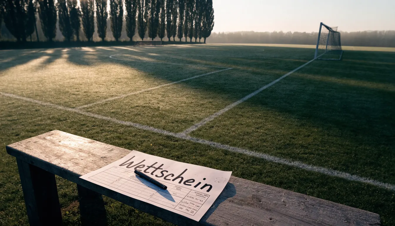 Ein leerer Fussballplatz mit weissen Linien von oben gesehen im Morgenlicht, am Rand stehen zwei Tore und eine Reihe Pappeln.