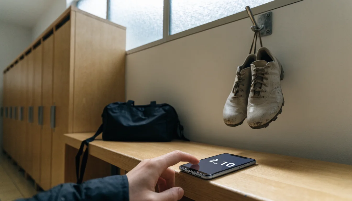 Ein Paar Fussballschuhe hängt an einem Haken in einer ruhigen Umkleide, darunter steht eine Sporttasche auf einer Holzbank.