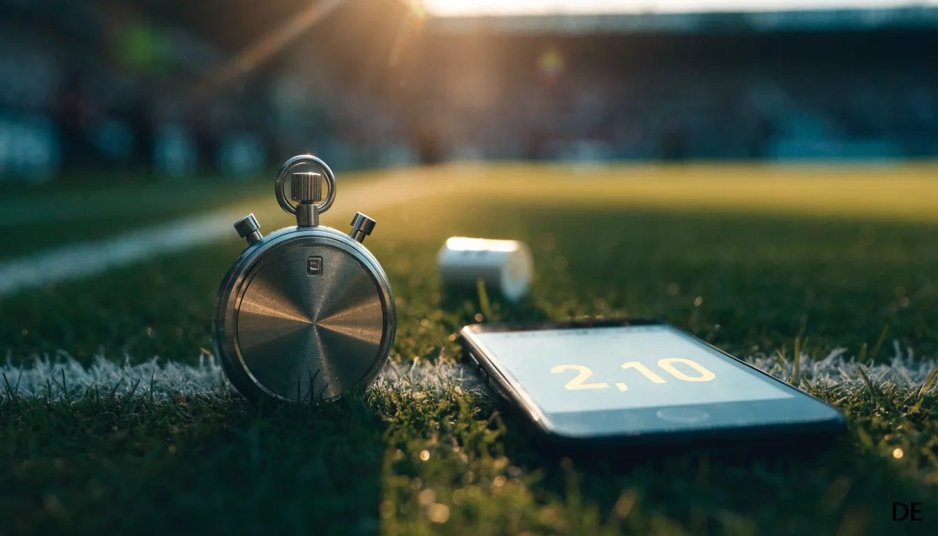 Eine Stoppuhr liegt neben einer Trillerpfeife auf einem Stück Rasen an der Seitenlinie eines Fussballfelds im Gegenlicht.