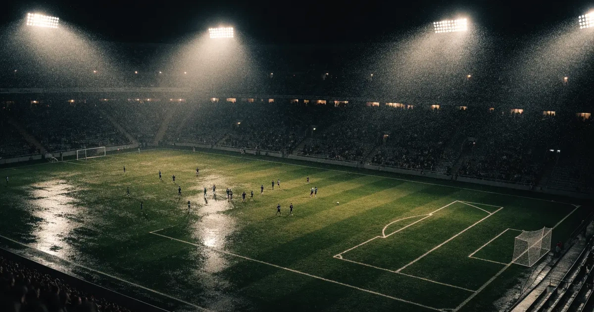Ein Fussballspiel am Abend aus der Tribünenperspektive, die Spieler sind nur als kleine Figuren zu erkennen und das Flutlicht beleuchtet den nassen Rasen.