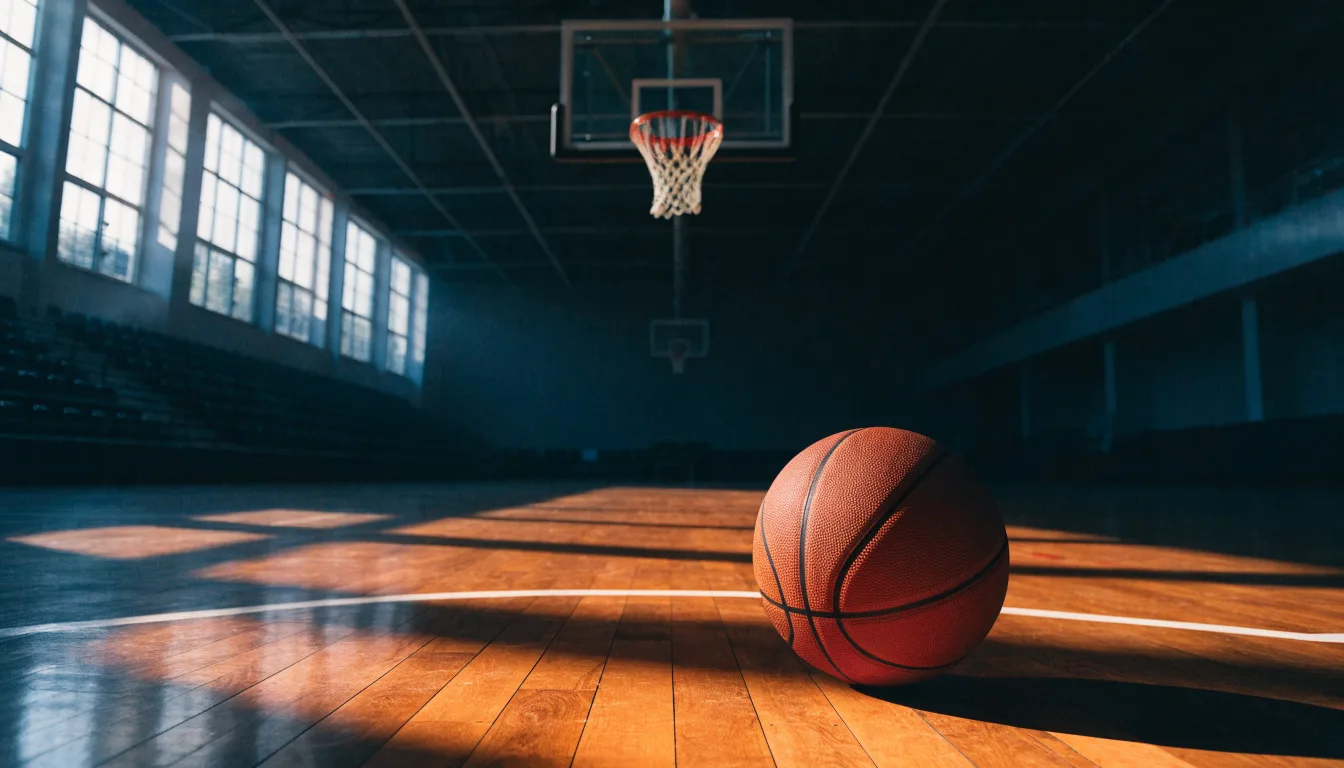 Ein Basketball liegt unter dem Korb in einer leeren Sporthalle, durch hohe Fenster fällt Tageslicht auf das Parkett.