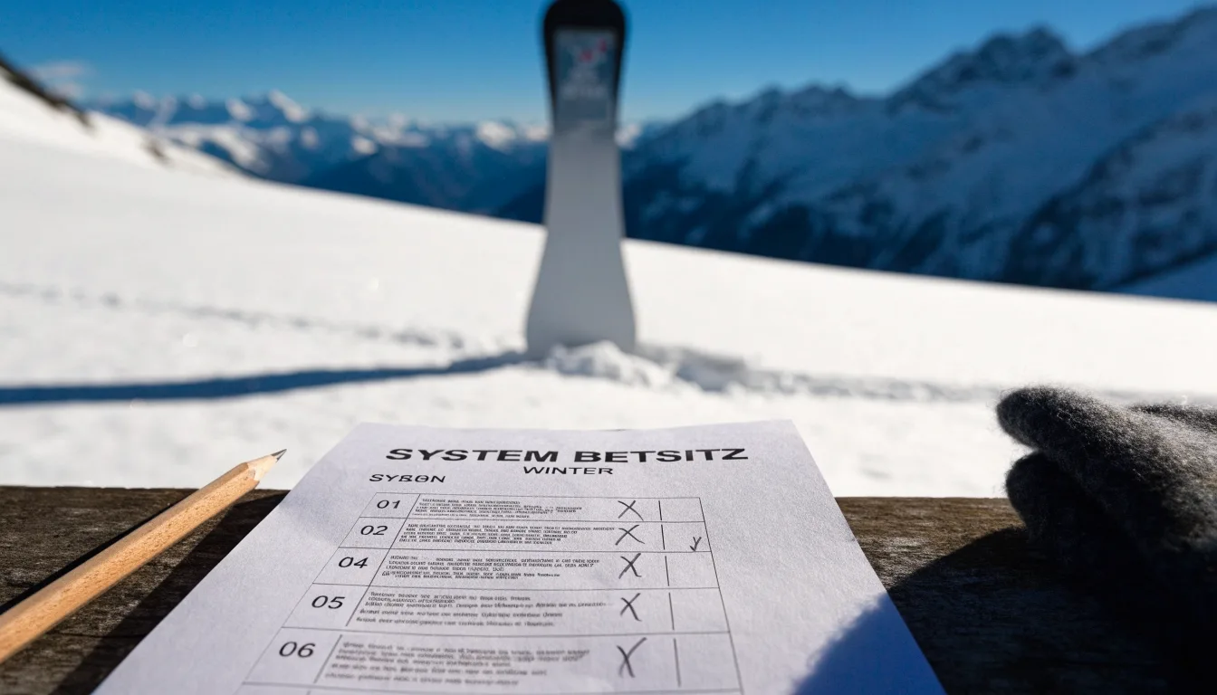 Ein Snowboard steckt aufrecht im Schnee am Rand einer Piste, dahinter spannt sich klarer Himmel über verschneiten Gipfeln.